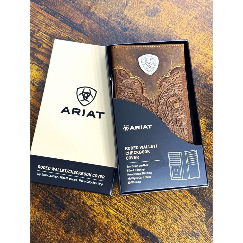Ariat Brown Tooled Embossed Leather Rodeo Wallet Checkbook Cover Heavy Duty NWT